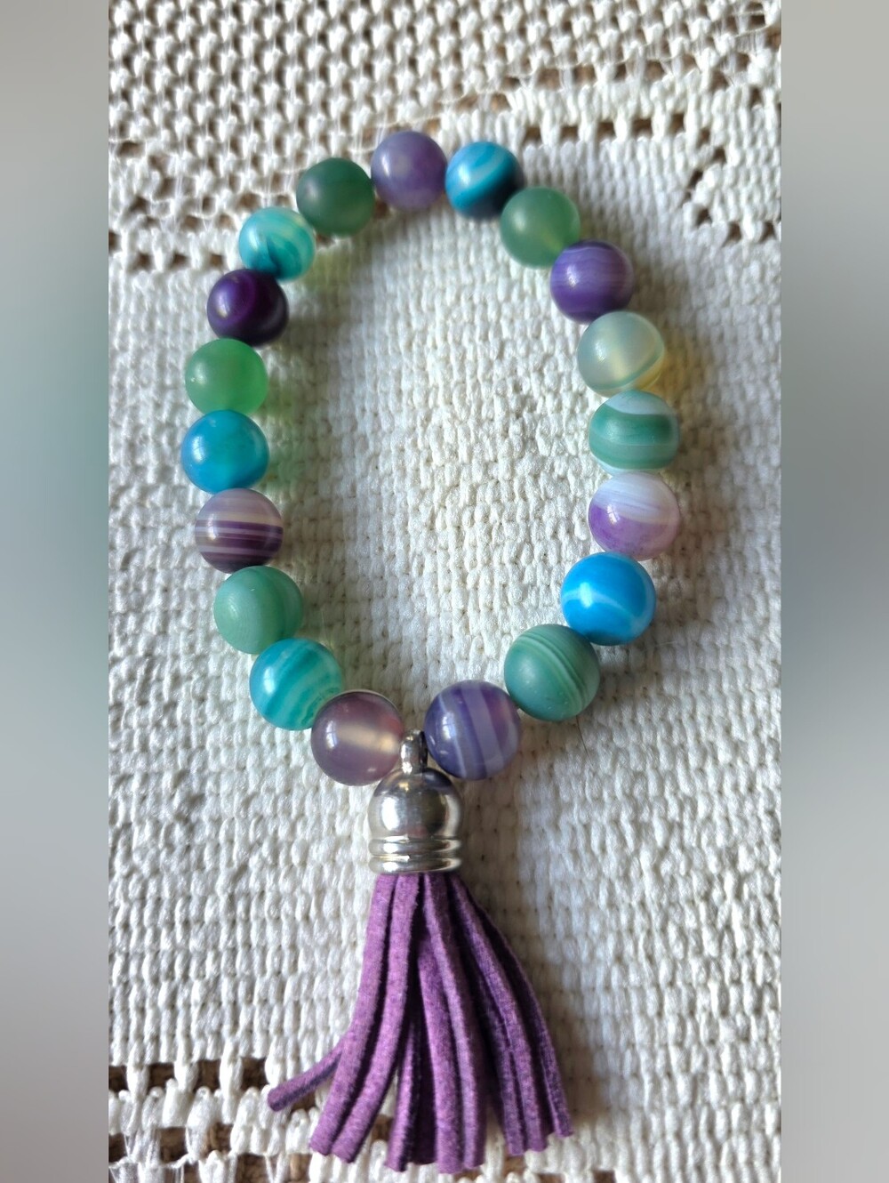 Banded Agate Gemstone Beaded Stretch Bracelet with Purple Tassel